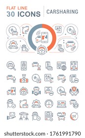 Set of vector line icons, sign and symbols with flat elements of carsharing for modern concepts, web and apps. Collection of infographics logos and pictograms.