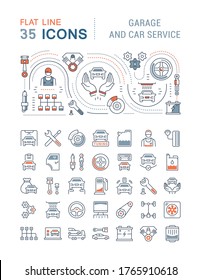 Set of vector line icons, sign and symbols with flat elements of garage and car service for modern concepts, web and apps. Collection of infographics logos and pictograms.