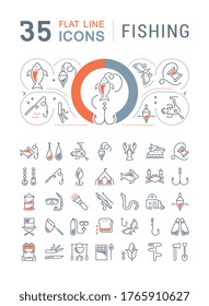 Establezca iconos de línea vectorial, signos y símbolos en la pesca de diseño plano con elementos para conceptos móviles y aplicaciones web. Colección de logotipo y pictograma infográficos modernos.