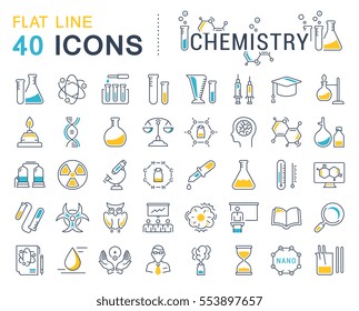 Establezca iconos, símbolos y símbolos de línea vectorial en la química de diseño plano con elementos para conceptos móviles y aplicaciones web. Colección moderna de logotipo y pictograma infográfico.