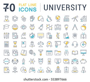 Establecer iconos, signos y símbolos de línea vectorial en la universidad de diseño plano, e-learning y ciencia con elementos para conceptos móviles y aplicaciones web. Colección moderna de logotipo y pictograma infográfico.