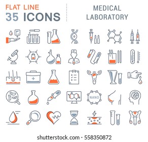 Set vector line icons, sign and symbols in flat design medical laboratory with elements for mobile concepts and web apps. Collection modern infographic logo and pictogram.