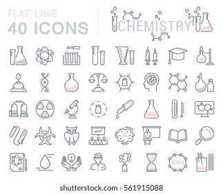 Establezca iconos, símbolos y símbolos de línea vectorial en la química de diseño plano con elementos para conceptos móviles y aplicaciones web. Colección moderna de logotipo y pictograma infográfico.