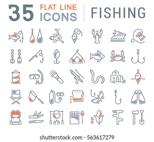 Set vector line icons, sign and symbols in flat design fishing with elements for mobile concepts and web apps. Collection modern infographic logo and pictogram.