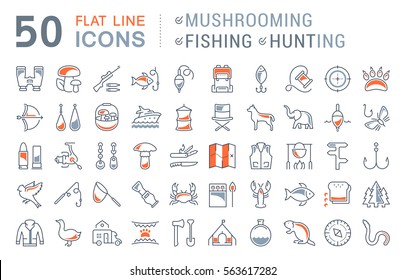 Set vector line icons, sign and symbols in flat design mushrooming, fishing and hunting with elements for mobile concepts and web apps. Collection modern infographic logo and pictogram.