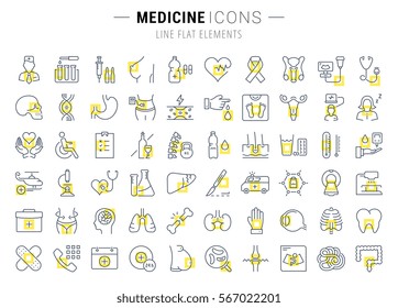 Establecer iconos de línea vectorial, iniciar sesión en medicina de diseño plano, farmacología, oncología, recuento de sangre, ética médica con elementos para conceptos móviles y aplicación web. Colección moderna de logotipo o pictograma infográfico.