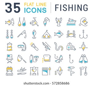 Set vector line icons, sign and symbols in flat design fishing with elements for mobile concepts and web apps. Collection modern infographic logo and pictogram.