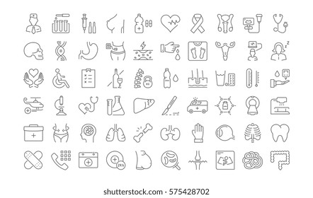 Set vector line icons, sign in flat design medicine, pharmacology, oncology, blood count, medical ethics with elements for mobile concepts and web app. Collection modern infographic logo or pictogram.