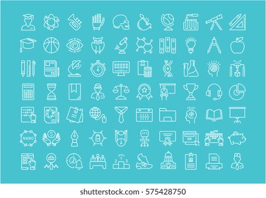 Stellen Sie Vektorillustration-Symbole, Zeichen und Symbole in flachen Design-Universitäten, E-Learning und Naturwissenschaften mit Elementen für mobile Konzepte und Web-Apps ein. Sammlung modernes Infografik-Logo und Piktogramm.