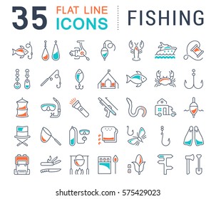 Set vector line icons, sign and symbols in flat design fishing with elements for mobile concepts and web apps. Collection modern infographic logo and pictogram.