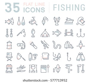 Set vector line icons, sign and symbols in flat design fishing with elements for mobile concepts and web apps. Collection modern infographic logo and pictogram.