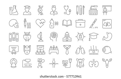 Set Vector Line Icons, Sign And Symbols In Flat Design Medical Education With Elements For Mobile Concepts And Web Apps. Collection Modern Infographic Logo And Pictogram.