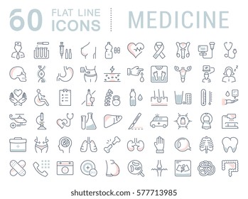 Set vector line icons, sign in flat design medicine, pharmacology, oncology, blood count, medical ethics with elements for mobile concepts and web app. Collection modern infographic logo or pictogram.