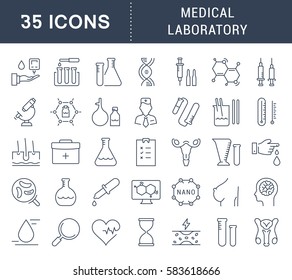 Set vector line icons, sign and symbols in flat design medical laboratory with elements for mobile concepts and web apps. Collection modern infographic logo and pictogram.