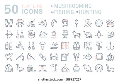 Set vector line icons, sign and symbols in flat design mushrooming, fishing and hunting with elements for mobile concepts and web apps. Collection modern infographic logo and pictogram.