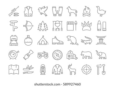 Set vector line icons, sign and symbols in flat design hunting with elements for mobile concepts and web apps. Collection modern infographic logo and pictogram.