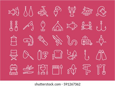 Set vector line icons, sign and symbols in flat design fishing with elements for mobile concepts and web apps. Collection modern infographic logo and pictogram.