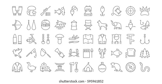 Set vector line icons, sign and symbols in flat design mushrooming, fishing and hunting with elements for mobile concepts and web apps. Collection modern infographic logo and pictogram.