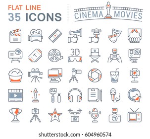 Establezca iconos, símbolos y símbolos de línea vectorial en cine de diseño plano y películas con elementos para conceptos móviles y aplicaciones web. Colección moderna de logotipo y pictograma infográfico.