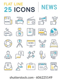 Establecer iconos, símbolos y símbolos de línea vectorial en noticias de diseño plano con elementos para conceptos móviles y aplicaciones web. Colección moderna de logotipo y pictograma infográfico.