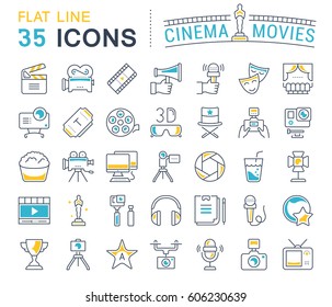 Set vector line icons, sign and symbols in flat design cinema and movies with elements for mobile concepts and web apps. Collection modern infographic logo and pictogram.