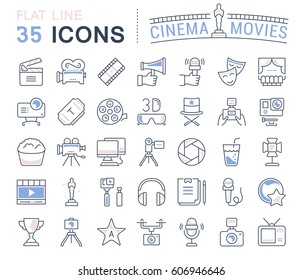 Set vector line icons, sign and symbols in flat design cinema and movies with elements for mobile concepts and web apps. Collection modern infographic logo and pictogram.