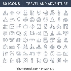 Set vector line icons, sign and symbols in flat design travel and adventure with elements for mobile concepts and web apps. Collection modern infographic logo and pictogram.