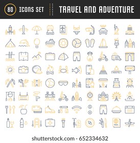 Set vector line icons, sign and symbols in flat design travel and adventure with elements for mobile concepts and web apps. Collection modern infographic logo and pictogram.