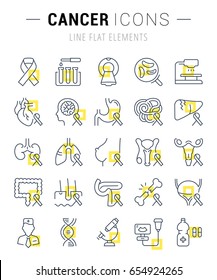 Set vector line icons, sign and symbols in flat design cancer with elements for mobile concepts and web apps. Collection modern infographic logo and pictogram.