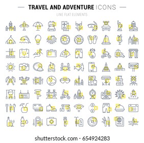 Set vector line icons, sign and symbols in flat design travel and adventure with elements for mobile concepts and web apps. Collection modern infographic logo and pictogram.
