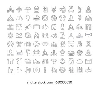 Set vector line icons, sign and symbols in flat design travel and adventure with elements for mobile concepts and web apps. Collection modern infographic logo and pictogram.