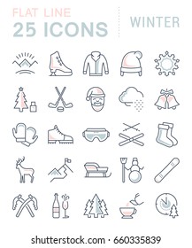 Set vector line icons, sign and symbols in flat design winter with elements for mobile concepts and web apps. Collection modern infographic logo and pictogram.