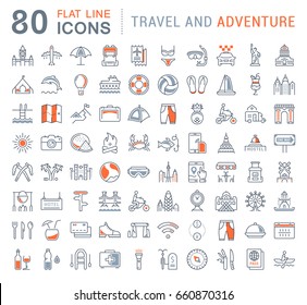 Set vector line icons, sign and symbols in flat design travel and adventure with elements for mobile concepts and web apps. Collection modern infographic logo and pictogram.