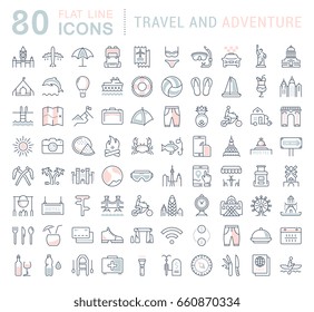 Set vector line icons, sign and symbols in flat design travel and adventure with elements for mobile concepts and web apps. Collection modern infographic logo and pictogram.