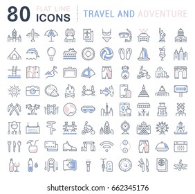 Set vector line icons, sign and symbols in flat design travel and adventure with elements for mobile concepts and web apps. Collection modern infographic logo and pictogram.