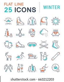 Set vector line icons, sign and symbols in flat design winter with elements for mobile concepts and web apps. Collection modern infographic logo and pictogram.