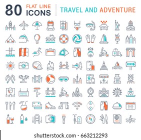 Set vector line icons, sign and symbols in flat design travel and adventure with elements for mobile concepts and web apps. Collection modern infographic logo and pictogram.