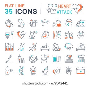 Set vector line icons, sign and symbols in flat design of heart attack with elements for mobile concepts and web apps. Collection modern infographic logo and pictogram.