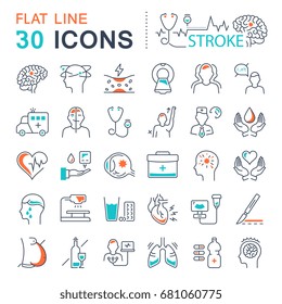 Establecer iconos, signos y símbolos de línea vectorial en el diseño plano de la enfermedad de los derrames con elementos para conceptos móviles y aplicaciones web. Colección moderna de logotipo y pictograma infográfico.