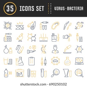 Set vector line icons, sign and symbols in flat design bacteria and virus with elements for mobile concepts and web apps. Collection modern infographic logo and pictogram.
