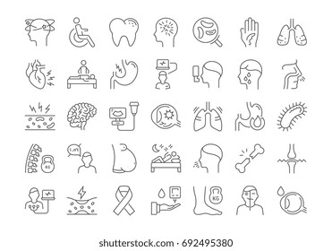 Set vector line icons, sign and symbols in flat design of diseases and ill with elements for mobile concepts and web apps. Collection modern infographic logo and pictogram.