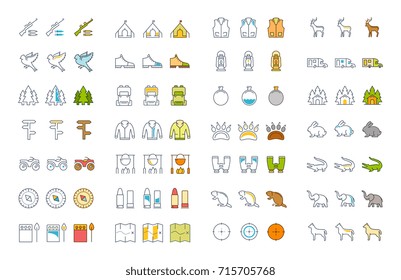 Set vector line icons, sign and symbols in flat design hunting with elements for mobile concepts and web apps. Collection modern infographic logo and pictogram.