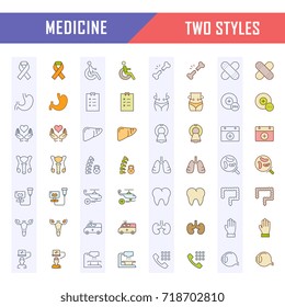 Set vector line icons, sign in flat design medicine, pharmacology, oncology, blood count, medical ethics with elements for mobile concepts and web app. Collection modern infographic logo or pictogram.