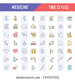 Set vector line icons, sign in flat design medicine, pharmacology, oncology, blood count, medical ethics with elements for mobile concepts and web app. Collection modern infographic logo or pictogram.