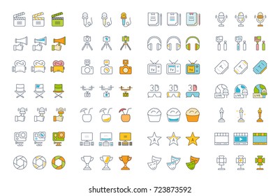Set vector line icons, sign and symbols in flat design cinema and movies with elements for mobile concepts and web apps. Collection modern infographic logo and pictogram.