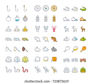 Set vector line icons, sign and symbols in flat design mushrooming, fishing and hunting with elements for mobile concepts and web apps. Collection modern infographic logo and pictogram.