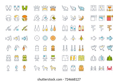 Set vector line icons, sign and symbols in flat design mushrooming, fishing and hunting with elements for mobile concepts and web apps. Collection modern infographic logo and pictogram.