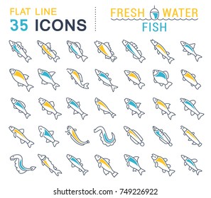 Set of vector line icons, sign and symbols with flat elements of freshwater fish for modern concepts, web and apps. Collection of infographics logos and pictograms.