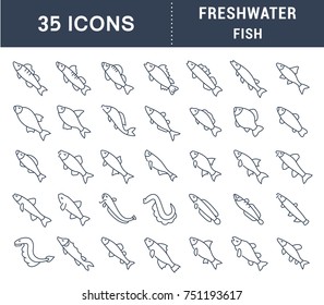 Set of vector line icons, sign and symbols of freshwater fish for modern concepts, web and apps. Collection of infographics elements, logos and pictograms.