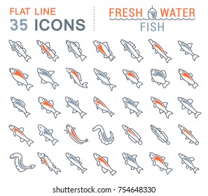 Set of vector line icons, sign and symbols with flat elements of freshwater fish for modern concepts, web and apps. Collection of infographics logos and pictograms.